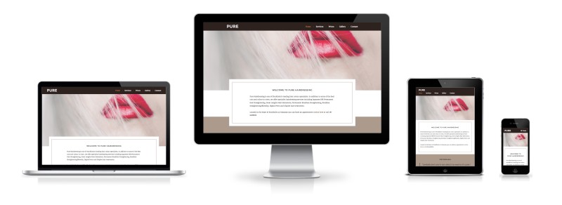 Pure Hairdressing website's responsive mobile, tablet, laptop and desktop view